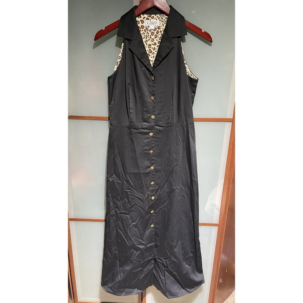 Clues Collection 90s Vintage Black Sleeveless Button Up Collared Dress Size 6